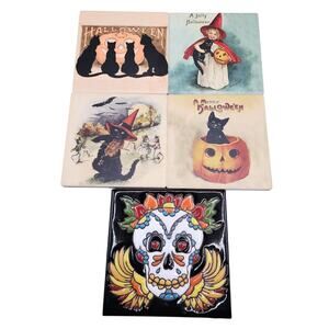 Cat lovers Halloween ceramic cork coaster drink cup + bonus dia de muertos tile
